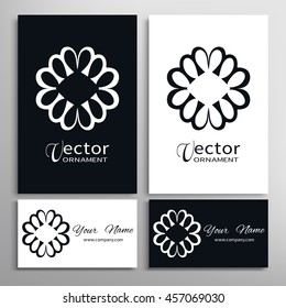 Black and white mandala ornaments, business cards set. Decorative design elements for logo, icon, label, invitation cards. Isolated floral patterns, stylized flowers. Tribal ethnic mandala decor