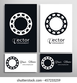 Black and white mandala ornaments, business cards set. Decorative design elements for logo, icon, label, invitation cards. Isolated floral patterns, stylized flowers. Tribal ethnic mandala decor