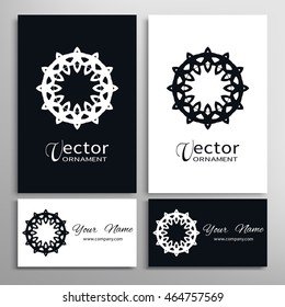 Black and white mandala ornaments, business cards set. Decorative design elements for logo, icon, label, invitation cards. Isolated floral patterns, stylized flowers. Tribal ethnic mandala decor