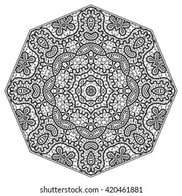 Black and white mandala, ornate geometric background. Round floral ornament decoration, isolated design element. Tribal ethnic motif, doodle lace pattern. Hand drawn decorative illustration