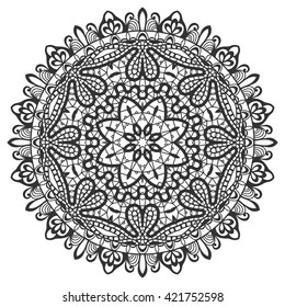 Black and white mandala, ornate geometric background. Round floral ornament decoration, isolated design element. Tribal ethnic motif, doodle lace pattern. Hand drawn decorative illustration