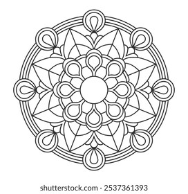 Página de cor de contorno de Mandala preto e branco para cor - Mandalas simples e fácil desenhado à mão círculo vetor para Kdp.