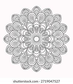Padrão de mandala preto e branco com intrincado vetor de formas pétalas de giro