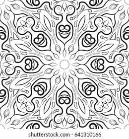 Black and white mandala pattern. Monochrome background with ornament. Hand-drawn vector illustration. Anti stress coloring page for adults