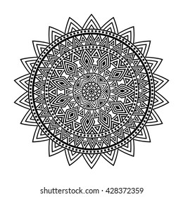 Black and white mandala print template. Adult coloring book page. Abstract pattern.