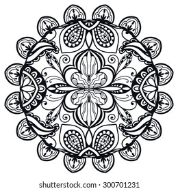 Black and white Mandala round ornament, tribal ethnic pattern, islamic arabic indian motif, decorative element for card design, t-shirt print. Vector fashion illustration, hand drawn background