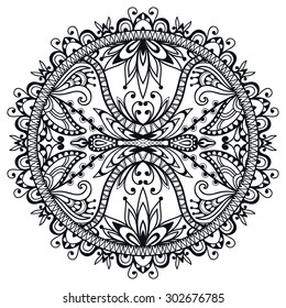 Black and white Mandala round ornament tribal ethnic pattern, islamic arabic indian motif, decorative element for card design, t-shirt print. Vector fashion illustration, hand drawn sketch background.