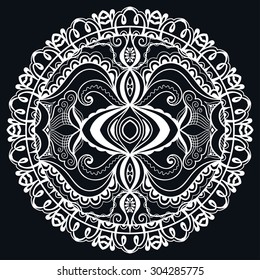 Black and white Mandala round ornament tribal ethnic pattern, islamic arabic indian motif, decorative element for card design, t-shirt print. Vector fashion illustration, hand drawn sketch background.