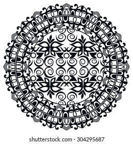 Black and white Mandala round ornament tribal ethnic pattern, islamic arabic indian motif, decorative element for card design, t-shirt print. Vector fashion illustration, hand drawn sketch background.