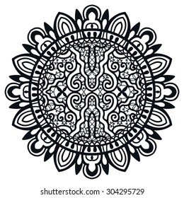 Black and white Mandala round ornament tribal ethnic pattern, islamic arabic indian motif, decorative element for card design, t-shirt print. Vector fashion illustration, hand drawn sketch background.