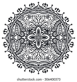 Black and white Mandala round ornament, tribal ethnic pattern, arabic Indian motif, isolated decorative element for card design, t-shirt print. Vector fashion illustration, hand drawn background