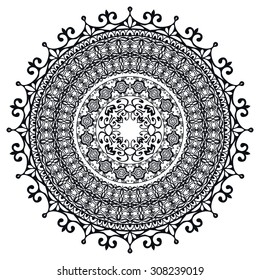 Black and white Mandala round ornament tribal ethnic pattern, islamic arabic indian motif, decorative element for card design, t-shirt print. Vector fashion illustration, hand drawn background.