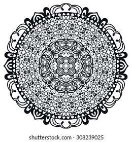 Black and white Mandala round ornament tribal ethnic pattern, islamic arabic indian motif, decorative element for card design, t-shirt print. Vector fashion illustration, hand drawn background.
