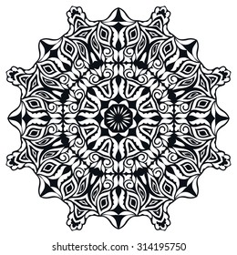 Black and white Mandala round ornament, tribal ethnic pattern, arabic Indian motif, isolated decorative element for card design, t-shirt print. Vector fashion illustration, hand drawn background
