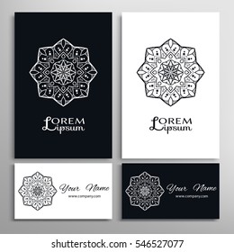 Black and white Mandala round ornament, business cards set. Decorative design elements for logo, icon, label, invitation cards. Isolated floral patterns, stylized flower, star, snowflake. Ethnic decor