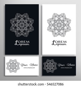 Black and white Mandala round ornament, business cards set. Decorative design elements for logo, icon, label, invitation cards. Isolated floral patterns, stylized flower, star, snowflake. Ethnic decor