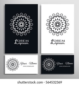 Black and white mandala round ornament, isolated design elements for logo, icon, label, emblem. Business cards set. Stylized flower, star, sun, snowflake. Tribal ethnic pattern, circle geometric shape