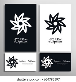 Black and white mandala round ornament, isolated design elements for logo, icon, label, emblem. Business cards set. Stylized flower, star, sun, snowflake. Tribal ethnic motif, geometric shapes