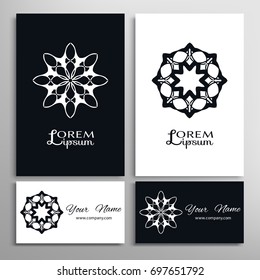 Black and white mandala round ornament, isolated design elements for logo, icon, label, emblem. Business cards set. Stylized flower, star, sun, snowflake. Tribal ethnic motif, geometric shapes
