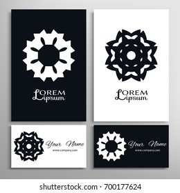 Black and white mandala round ornament, isolated design elements for logo, icon, label, emblem. Business cards set. Stylized flower, star, sun, snowflake. Tribal ethnic motif, geometric shapes