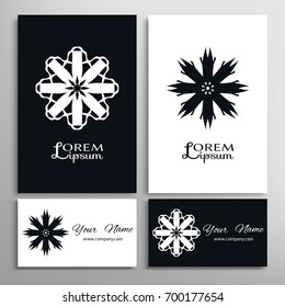 Black and white mandala round ornament, isolated design elements for logo, icon, label, emblem. Business cards set. Stylized flower, star, sun, snowflake. Tribal ethnic motif, geometric shapes
