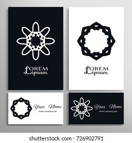 Black and white mandala round ornament, isolated design elements for logo, icon, label, emblem. Business cards set. Stylized flower, star, sun, snowflake. Tribal ethnic motif, geometric shapes