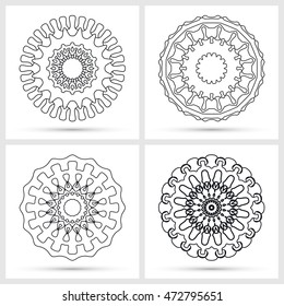 Black and white Mandala round ornaments collection. Isolated decorative elements for invitation cards or logo design. Tribal ethnic motifs, floral circular patterns, vector illustration