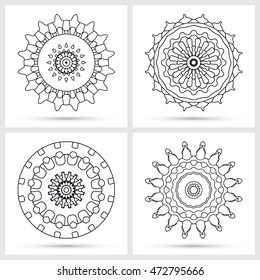 Black and white Mandala round ornaments collection. Isolated decorative elements for invitation cards or logo design. Tribal ethnic motifs, floral circular patterns, vector illustration