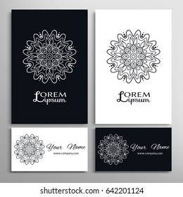 Black and white mandala round ornaments, isolated design elements for logo, icon, label, emblem. Business cards set. Stylized flower, snowflake. Tribal ethnic pattern, monochrome geometric shapes