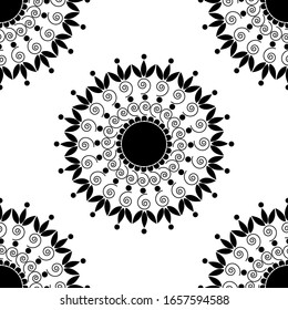 Black and white mandala seamless pattern vector. Decorative vintage elements on isolated background. Indian, Arabic, Ottoman, Turkish, Chinese, Asian motifs. For backdrop, wallpaper, textile, fabric.