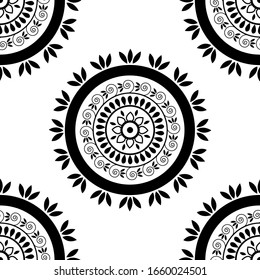 Black and white mandala seamless pattern vector. Decorative vintage elements on isolated background. Indian, Arabic, Ottoman, Turkish, Chinese, Asian motifs. For backdrop, wallpaper, textile, fabric.