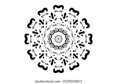 Black and white mandala sketch with intricate line work and unique shapes in a circular motif