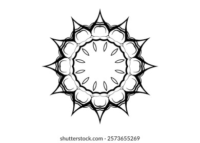 Black and white mandala with sun or moon at center, surrounded by detailed concentric designs	
