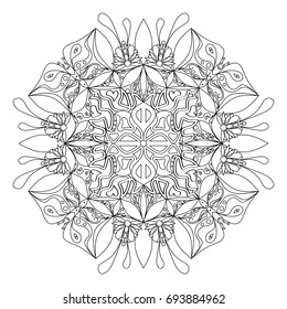 Black and White Mandala Vector with butterflies, hearts and flowers. Can be used as coloring page. 