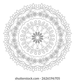 Black and white mandala vector featuring floral layers, swirling leaves, and star motifs arranged in a symmetrical circular design: ideal adult coloring books, wall decor, spiritual, meditation.