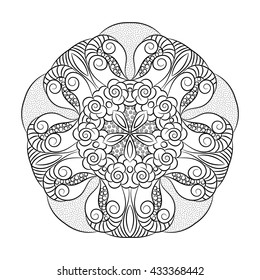 Black white mandala, vector illustration, floral lace, colouring motif, ornament, abstract design, rose
