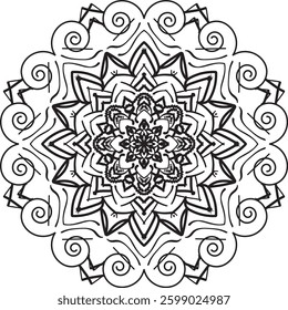 A black and white mandala vector with intricate floral patterns, inspired by Islamic, Arabic, Indian, and Ottoman motifs. Perfect for coloring pages, wallpaper, tiles, greeting cards, stickers, lace, 