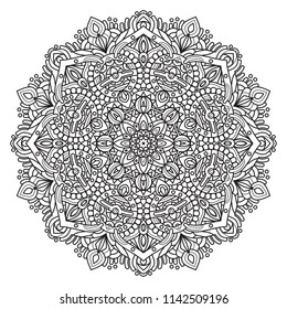 Vector de mandala blanca y negra aislado en blanco. Elemento decorativo circular dibujado a mano del vector.