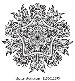 Vector de mandala blanca y negra aislado en blanco. Elemento decorativo circular dibujado a mano del vector.
