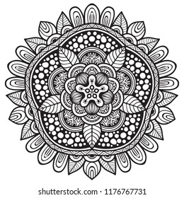 Vector de mandala blanca y negra aislado en blanco. Elemento decorativo circular dibujado a mano del vector.