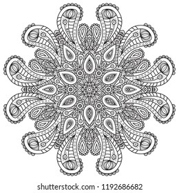 Vector de mandala blanca y negra aislado en blanco. Elemento decorativo circular dibujado a mano del vector.