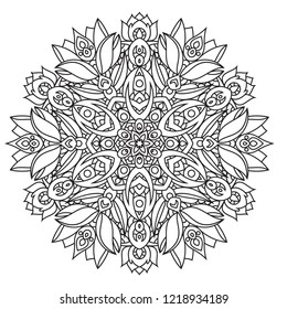 Vector de mandala blanca y negra aislado en blanco. Elemento decorativo circular dibujado a mano del vector.
