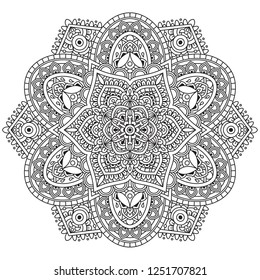 Schwarz-Weiß-Mandala-Vektorillustration einzeln auf Weiß. Vektorillustration handgezeichnet runder Zierelement.