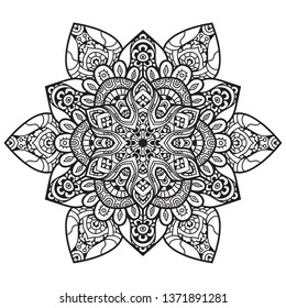 Vector de mandala blanca y negra aislado en blanco. Elemento decorativo circular dibujado a mano del vector.
