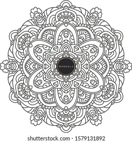 Vector de mandala blanca y negra aislado en blanco. Elemento decorativo circular dibujado a mano del vector.