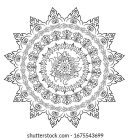 Schwarz-Weiß-Mandala-Vektorillustration einzeln auf Weiß. Vektorillustration handgezeichnet runder Zierelement. Vintage dekorative Elemente. Orientalische Mustergrafik. Islam, Arabisch, Inder, Türkisch, Chinesisch, m