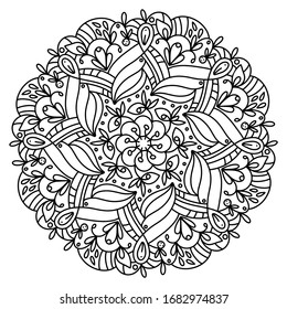 Black and white mandala vector isolated on white. Hand-drawn element. Adult coloring book. Zen art style illustration.