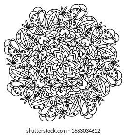 Black and white mandala vector isolated on white. Zen art style illustration. Coloring page template. Vector illustration.