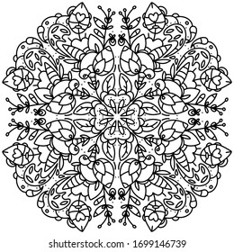 Black and white mandala vector isolated on white. Zen art style illustration. Coloring page template. Vector illustration.