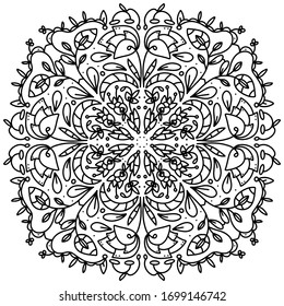 Black and white mandala vector isolated on white. Zen art style illustration. Coloring page template. Vector illustration.